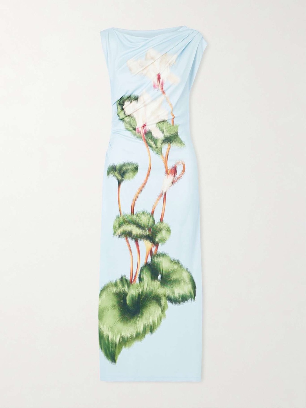 Oscar de la Renta Pale Blue Floral-Print Draped Maxi Dress